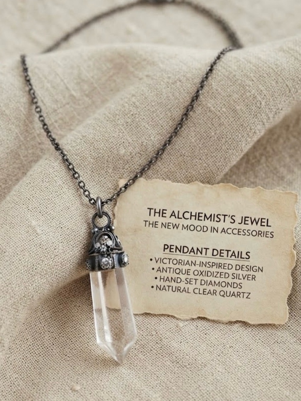 Antique Oxidized Silver Clear glass Pendant Necklace